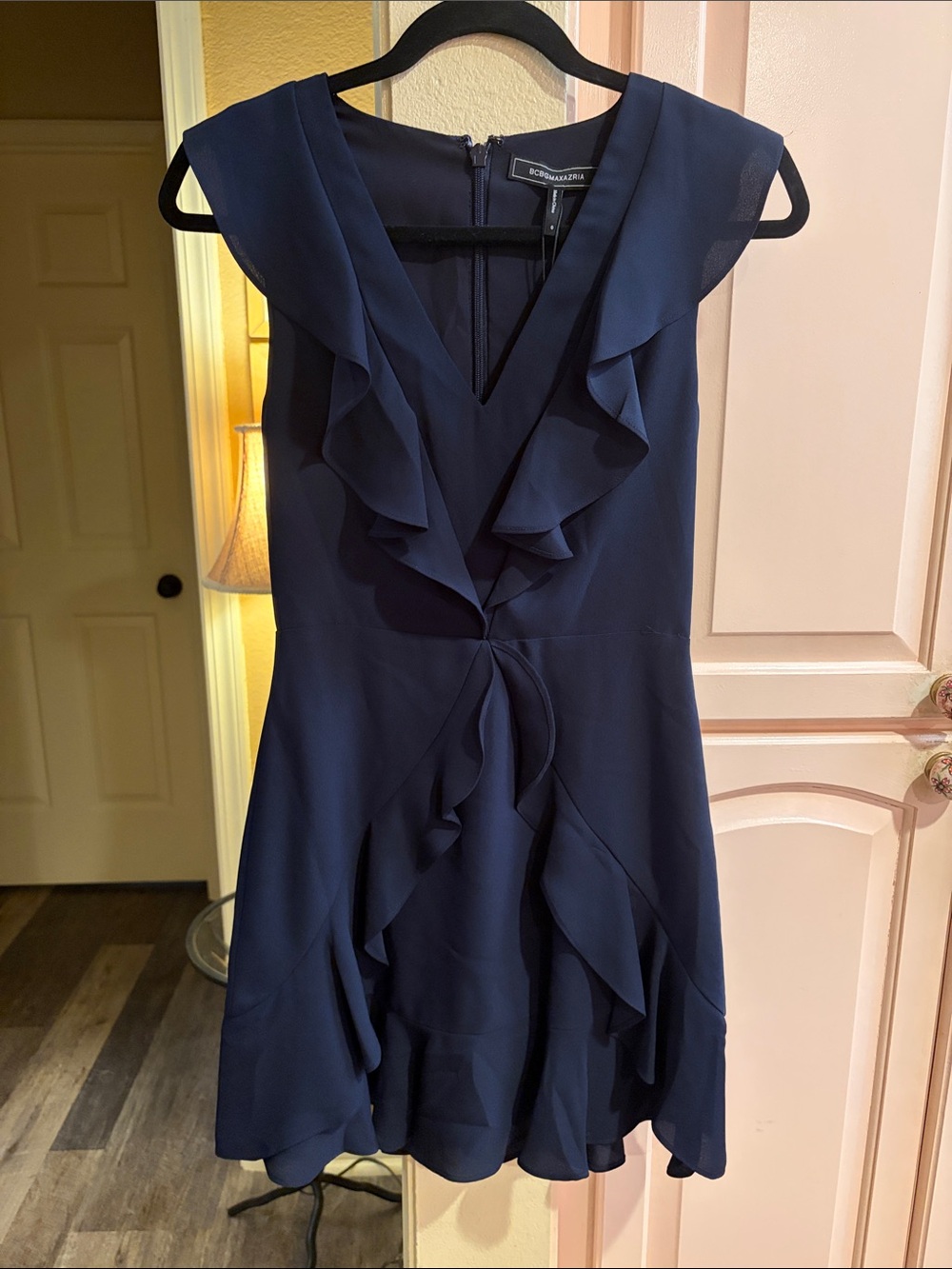 BCBGMaxAzria Navy Ruffle V-Neck Mini Dress